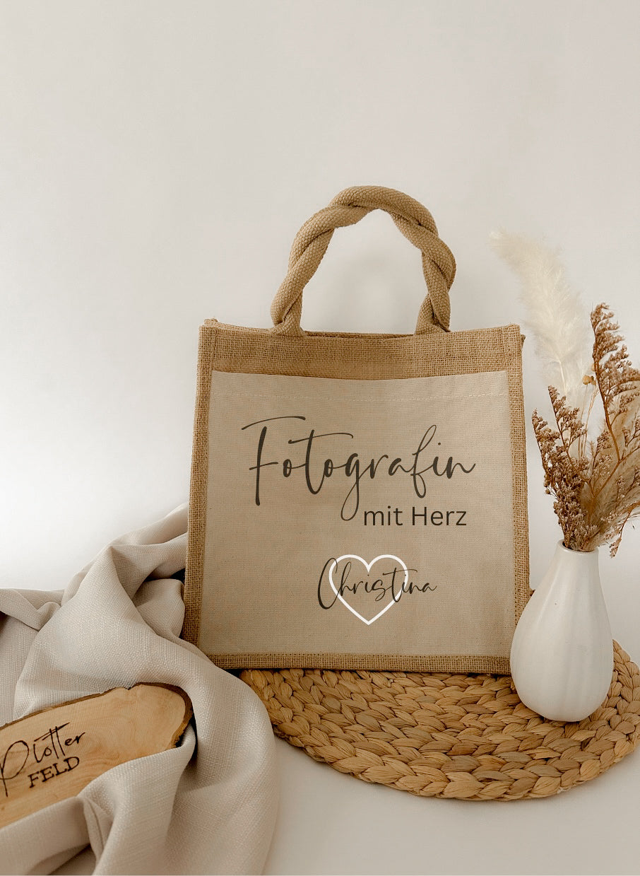 Jutetasche Fotografin mit Herz