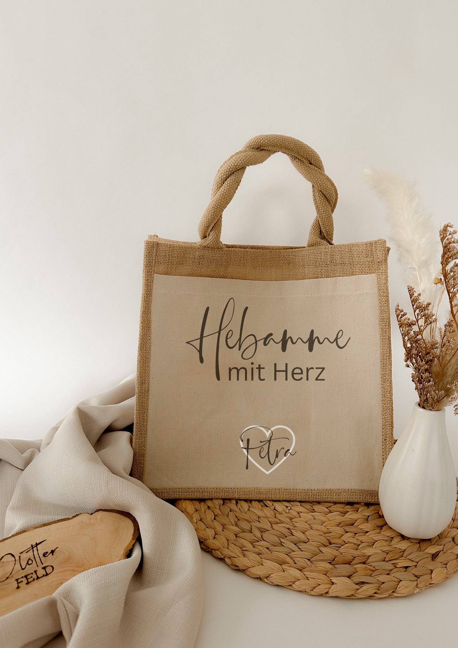 Jutetasche Hebamme mit Herz - plotterfeld
